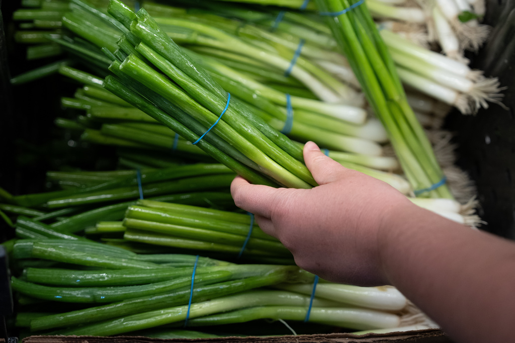 A customer picks up scallions for sale in the produce section of a grocery store on Monday, May 11, 2026, in Portland, Ore. (AP Photo/Jenny Kane)