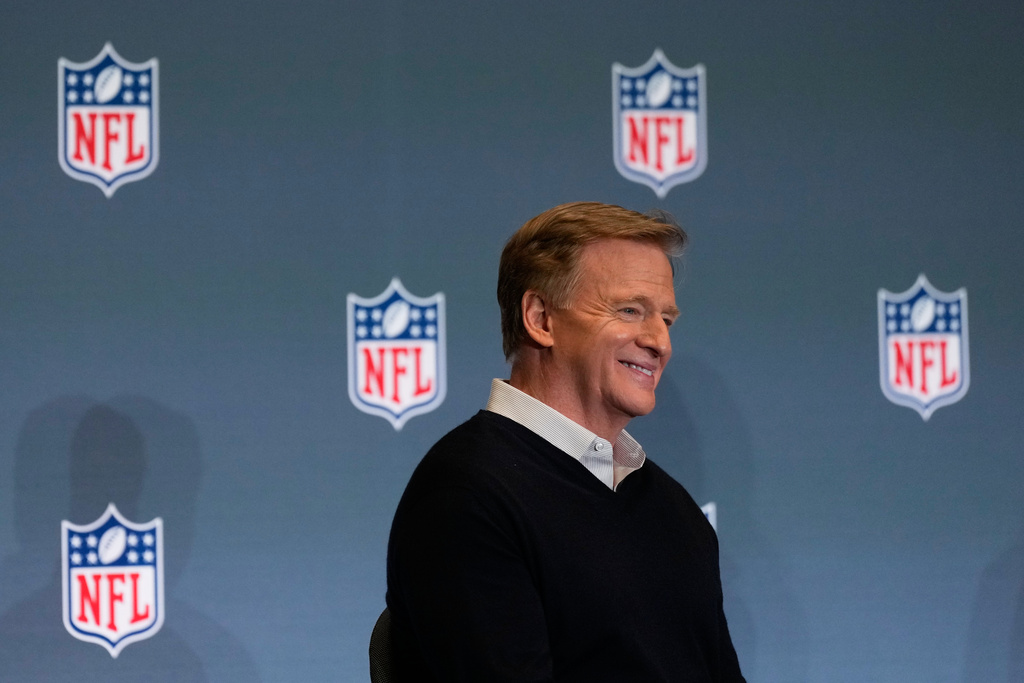 NFL commissioner Roger Goodell speaks during his state of the NFL news conference on Monday, Feb. 2, 2026, in San Jose, Calif., ahead of the Super Bowl 60 football game between the Seattle Seahawks and the New England Patriots. (AP Photo/Matt York)