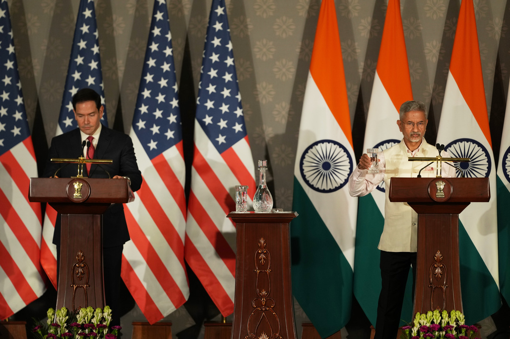 United States Secretary of State Marco Rubio, left, and India's Minister of External Affairs S. Jaishankar prepare to speak during a joint press conference following their talks in New Delhi, India, Sunday, May 24, 2026. (AP Photo/Manish Swarup)