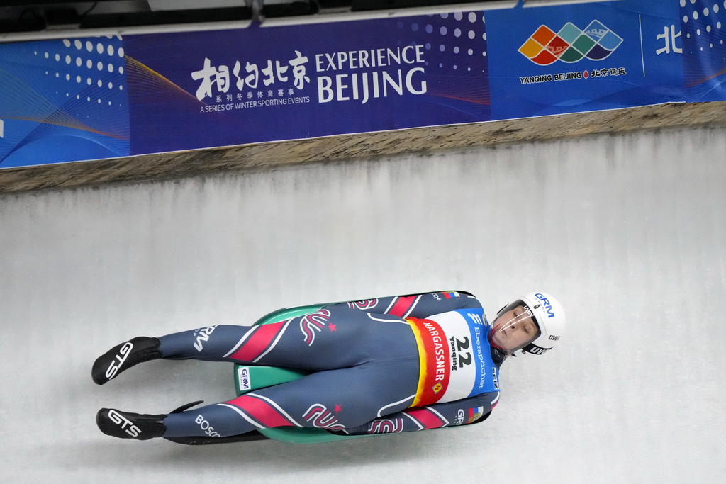 FILE - Viktoriia Demchenko of Russia competes during the women's race at the Luge World Cup, a test event for the 2022 Winter Olympics, at the Yanqing National Sliding Center in Beijing, Sunday, Nov. 21, 2021. (AP Photo/Mark Schiefelbein, file)