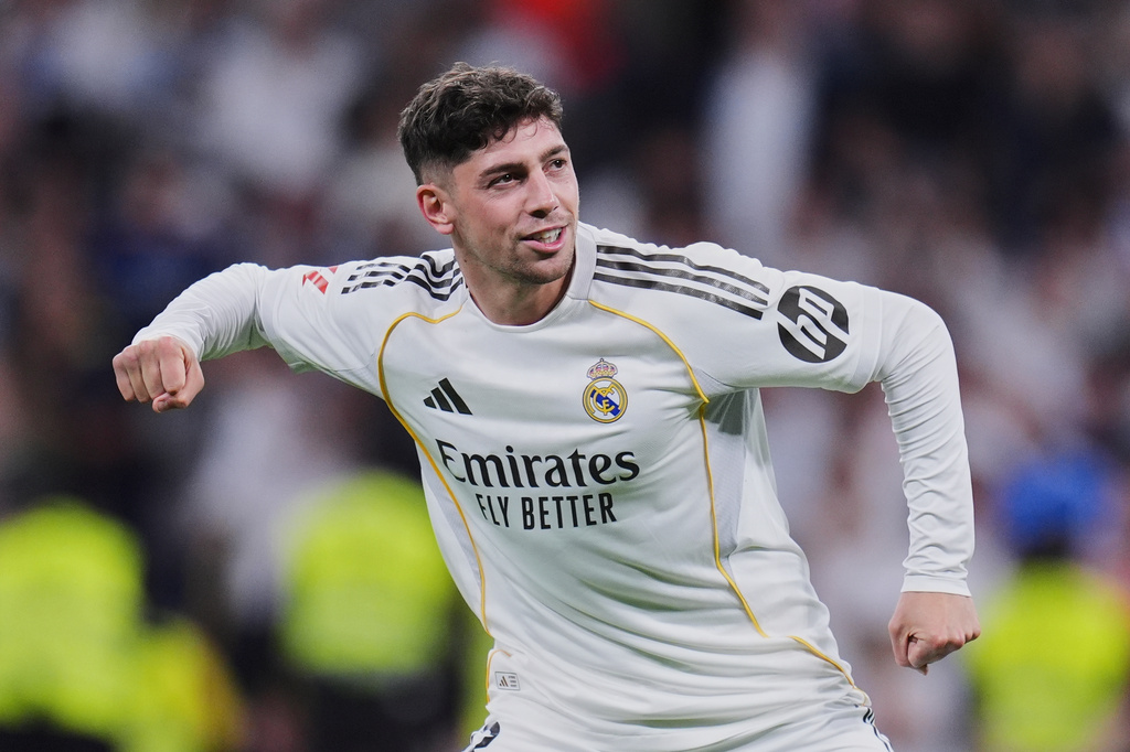 Real Madrid's Federico Valverde celebrates after scoring the opening goal during a Spanish La Liga soccer match between Real Madrid and Girona in Madrid, Spain, Friday, April 10, 2026. (AP Photo/Manu Fernandez)