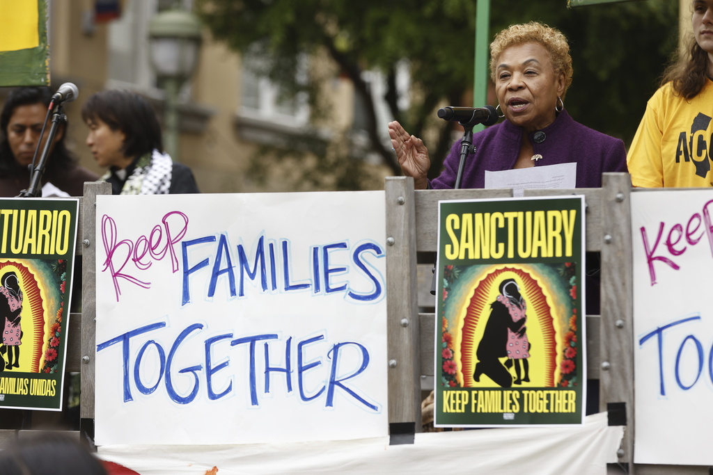 FILE - Oakland Mayor Barbara Lee speaks during a vigil held at Fruitvale Station to show solidarity with demonstrations against ICE raids, in Oakland, Calif., on Tuesday, June 10, 2025. (Santiago Mejia/San Francisco Chronicle via AP, File)