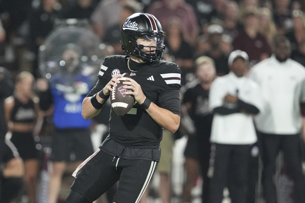 Mississippi State quarterback Blake Shapen (2) sets up to pass against Arizona State during the first half of an NCAA college football game in Starkville, Miss., Saturday, Sept. 6, 2025. (AP Photo/Rogelio V. Solis)