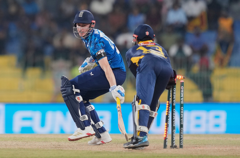 Sri Lanka's Kusal Mendis successfully stumps to dismiss England's captain Harry Brook during the first ODI cricket match between England and Sri Lanka in Colombo, Sri Lanka, Thursday, Jan. 22, 2026. (AP Photo/Eranga Jayawardena)