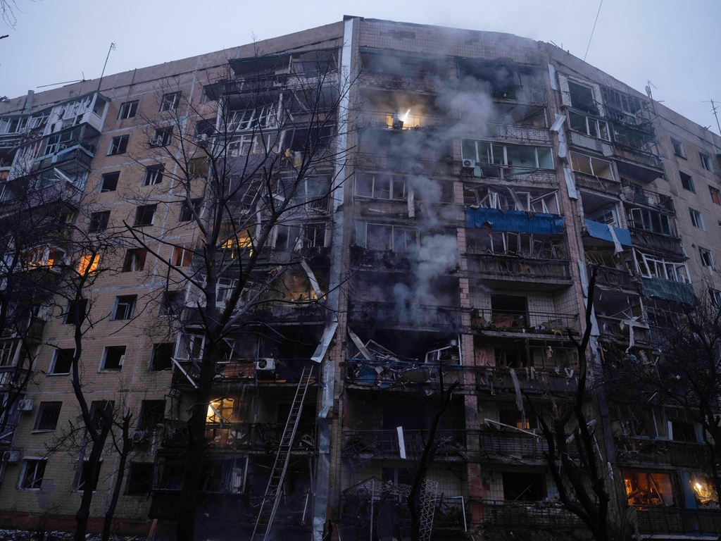 In this photo provided by Ukraine's 93rd Kholodnyi Yar Separate Mechanized Brigade press service, a damaged apartment building in seen in residential neighbourhood following Russia's airstrike in Kramatorsk, Donetsk region, Ukraine, Sunday, Feb. 8, 2026. (Iryna Rybakova/Ukraine's 93rd Mechanized Brigade via AP)