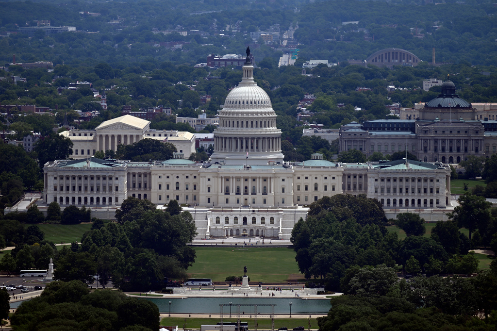 The west front of the U.S. Capitol with the Supreme court on the left and the Library of Congress on the right, is seen from the top of the Washington Monument , Saturday, June 6, 2026, in Washington. (AP Photo/John McDonnell)