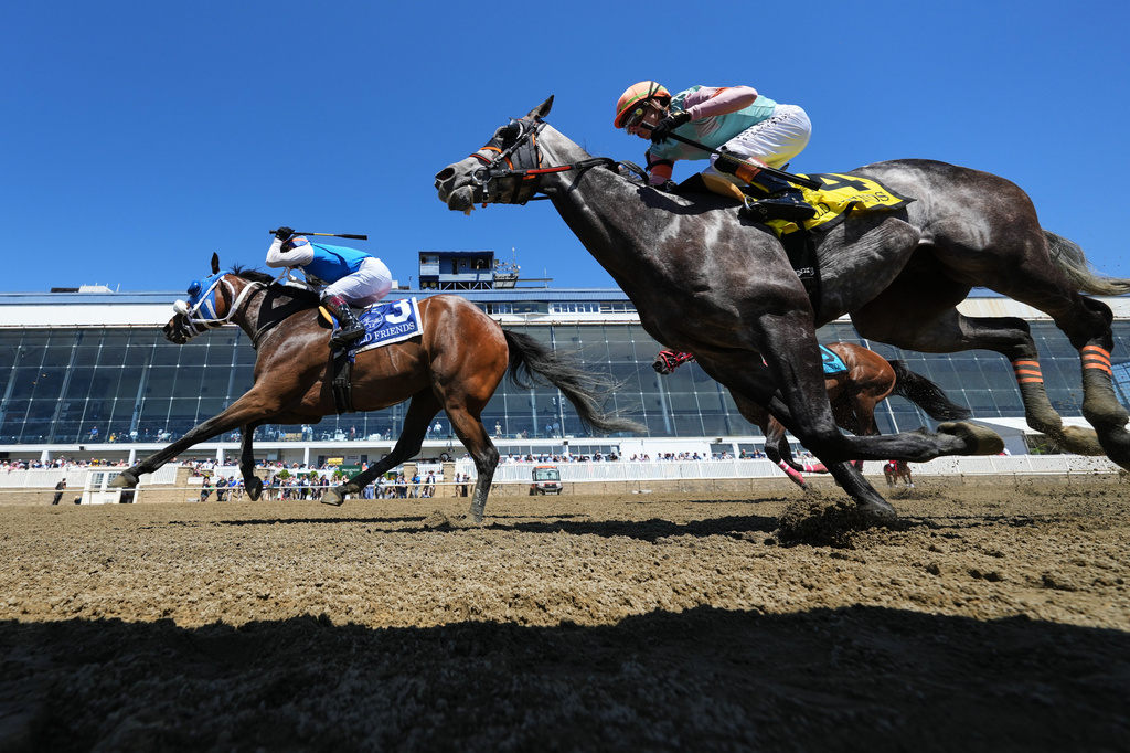 Jeiron Barbosa, left, atop Wickeddivine, edges out Irad Ortiz Jr., right, atop Freeze the Fire, to win an undercard race ahead of the 151st running of the Preakness Stakes horse race, Saturday, May 16, 2026, at Laurel Park in Laurel, Md. (AP Photo/Julia Demaree Nikhinson)