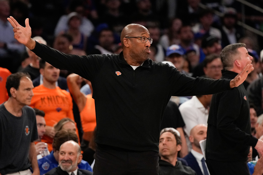 New York Knicks head coach Mike Brown reacts during Game 3 of the NBA Finals basketball series against the San Antonio Spurs, Monday, June 8, 2026, in New York. (AP Photo/Ross D. Franklin)