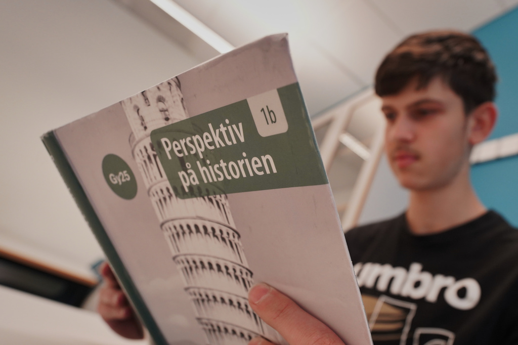 High school student Vasilije Stjepanovic reads a history text book at Malmo Borgarskola high school in Malmo, Sweden, May 21, 2026. (AP Photo/James Brooks)