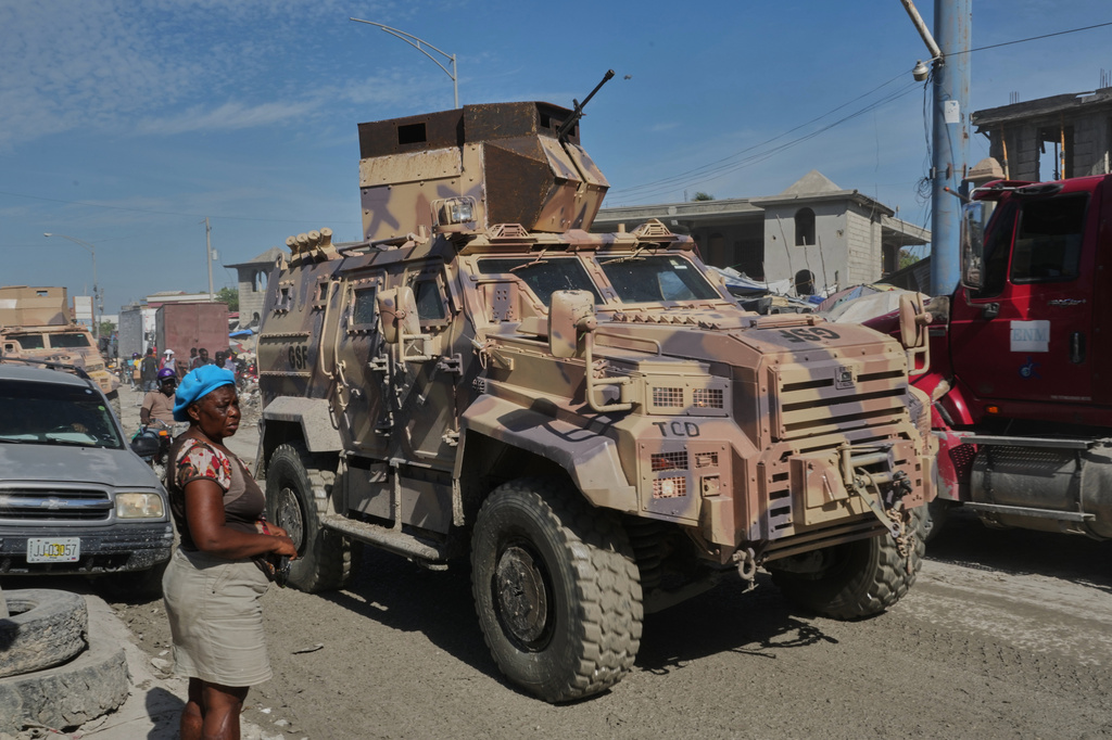 An armored police vehicle that is part of Gang Suppression Force (GSF) patrols in Port-au-Prince, Haiti, Tuesday, Sept. 29, 2026. (AP Photo/Odelyn Joseph)