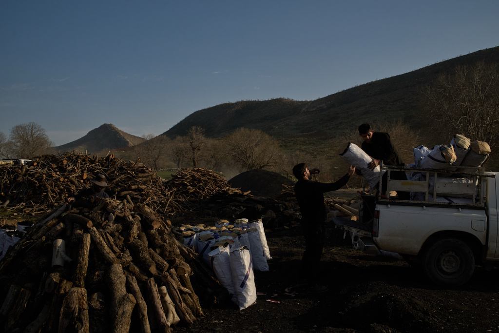 Workers load a vehicle with sacks of charcoal at a traditional production site in Sarkand, Iraq, Thursday, March 12, 2026. (AP Photo/Leo Correa)