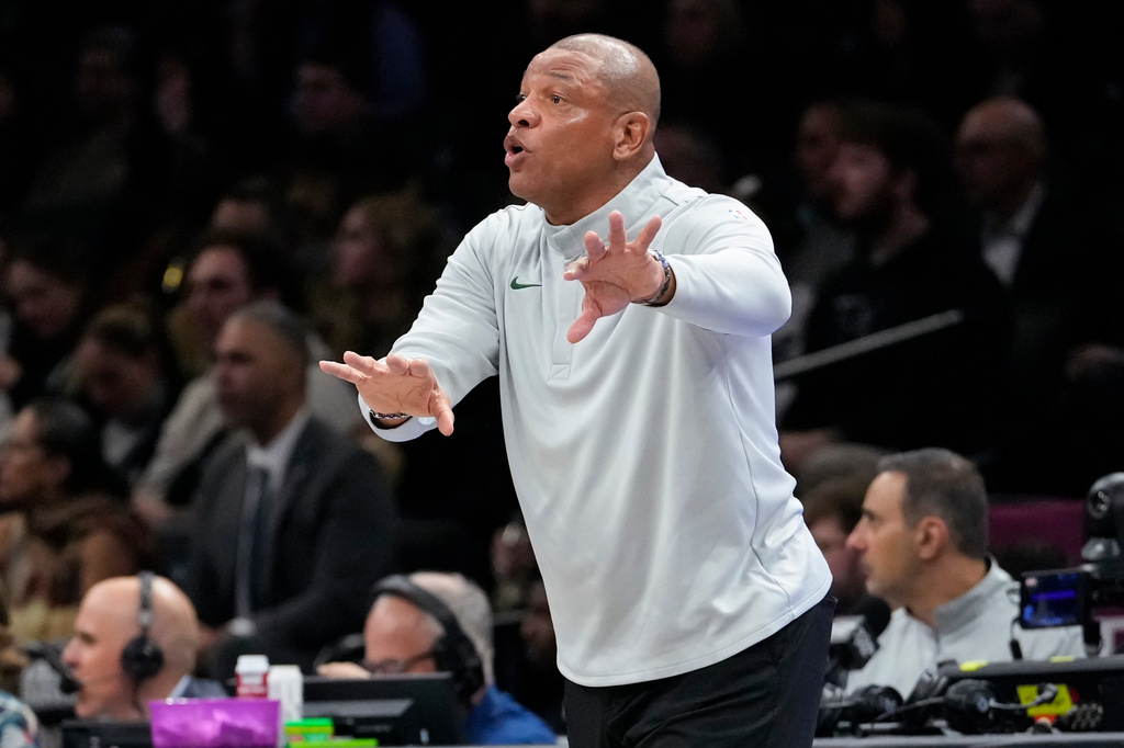 Milwaukee Bucks head coach Doc Rivers shouts during the first half of an NBA basketball game against Brooklyn Nets, Tuesday, April 7, 2026, in New York. (AP Photo/Yuki Iwamura)