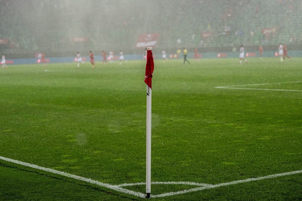 A pouring rain during the international friendly soccer match between Switzerland and Jordan in St. Gallen, Switzerland, Sunday, May 31, 2026. (Peter Schneider/Keystone via AP)
