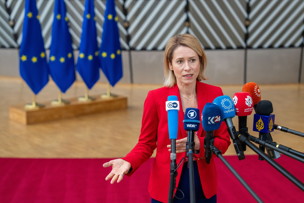 European Union foreign policy chief Kaja Kallas speaks with the media as she arrives for a meeting of EU foreign ministers at the European Council building in Brussels, Monday, May 11, 2026. (AP Photo/Marius Burgelman)