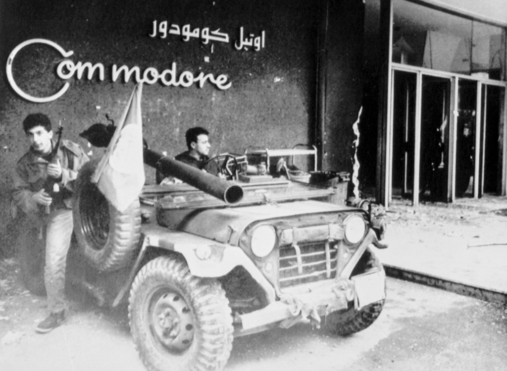 FILE - A jeep-mounted 106mm recoilless weapon of the Druse Progressive Party at the entrance to the Commodore Hotel, in West Beirut, on Feb. 19, 1987. (AP Photo/Zouheir Saade, File)