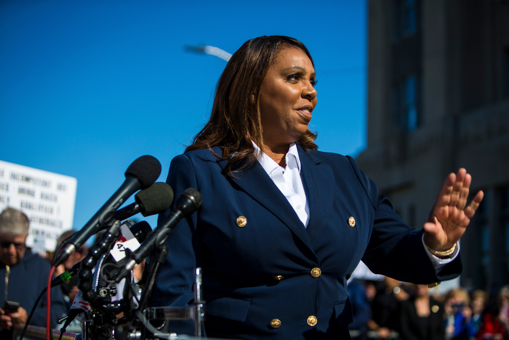 FILE - New York Attorney General, Letitia James, speaks after pleading not guilty outside the United States District Court, on Oct. 24, 2025, in Norfolk, Va. (AP Photo/John Clark, File)