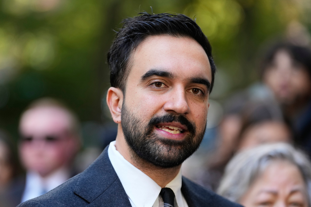 New York City mayoral candidate Zohran Mamdani talks to reporters in New York, Monday, Oct. 27, 2025. (AP Photo/Seth Wenig)