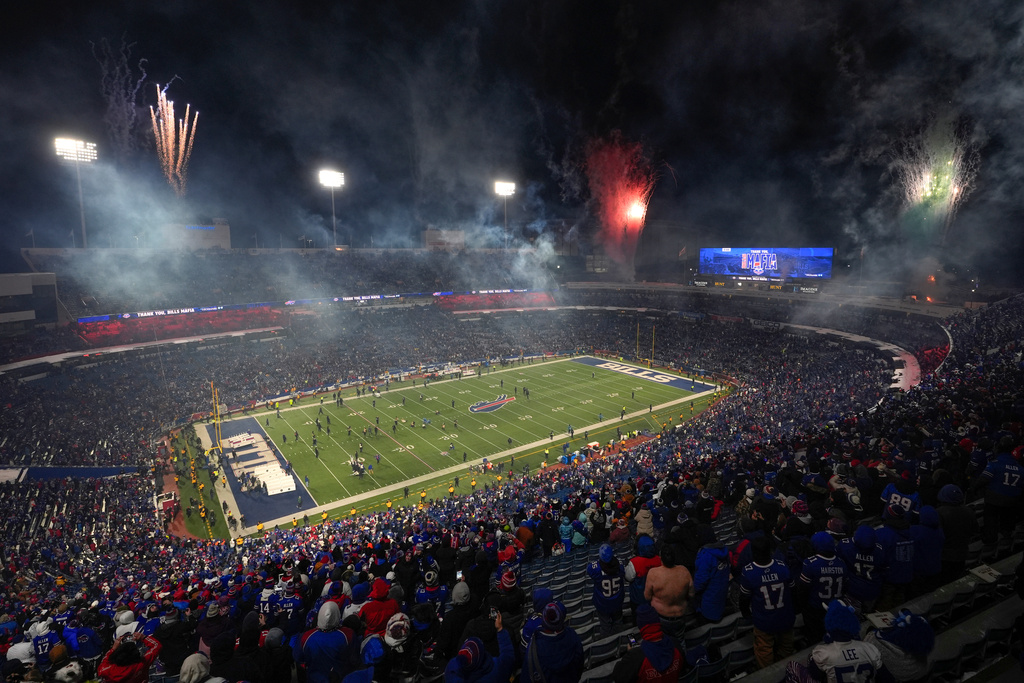 Fireworks explode above Highmark Stadium after an NFL football game between the Buffalo Bills and the New York Jets, Sunday, Jan. 4, 2026, in Orchard Park, N.Y. (AP Photo/Carolyn Kaster)