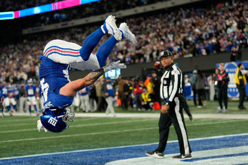 New York Giants' Cam Skattebo reacts after a touchdown during the second half of an NFL football game against the Philadelphia Eagles Thursday, Oct. 9, 2025, in East Rutherford, N.J. (AP Photo/Seth Wenig) New York Giants' Cam Skattebo reacts after a touchdown during the second half of an NFL football game against the Philadelphia Eagles Thursday, Oct. 9, 2025, in East Rutherford, N.J. (AP Photo/Seth Wenig)