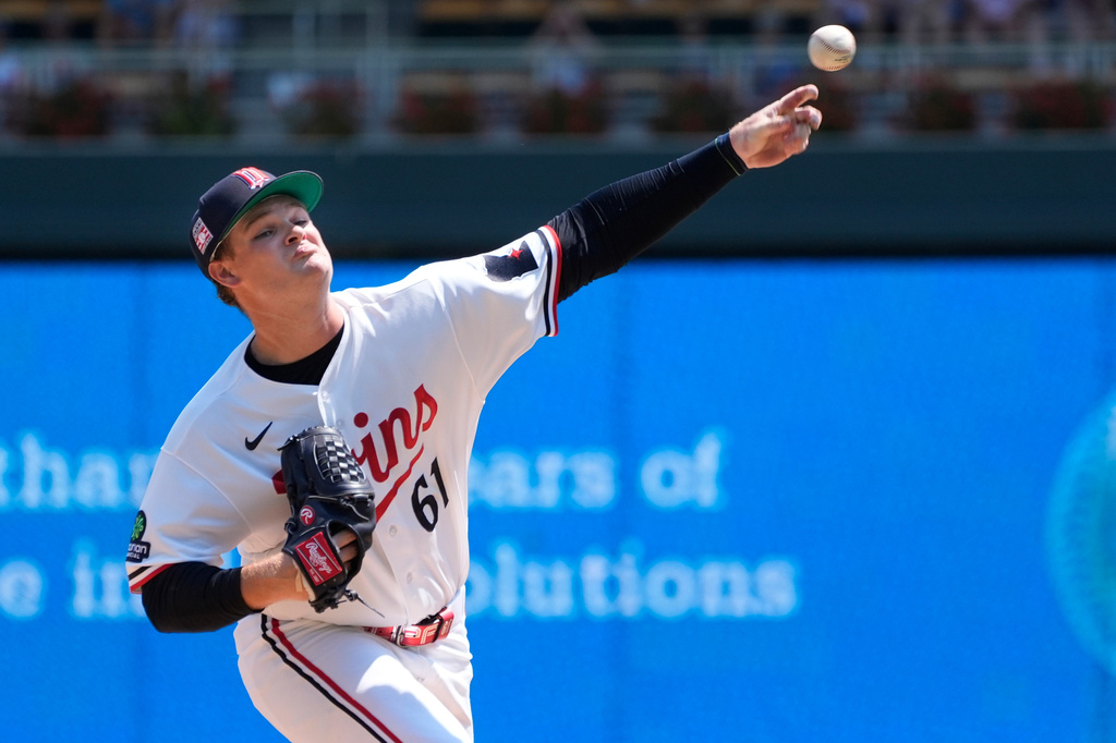 Minnesota Twins starting pitcher Connor Prielipp throws to the Athletics in the first inning of a baseball game Sunday, July 26, 2026, in Minneapolis. (AP Photo/Bruce Kluckhohn)