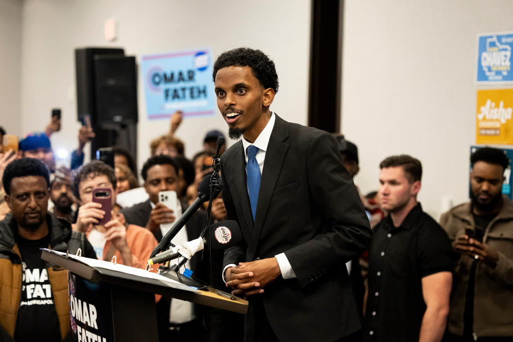 Sen. Omar Fateh, a candidate for Minneapolis mayor, addresses his supporters during an Election Day party at a downtown hotel, Tuesday, Nov. 4, 2025, in Minneapolis, Minn. (Ellen Schmidt/MinnPost via AP)