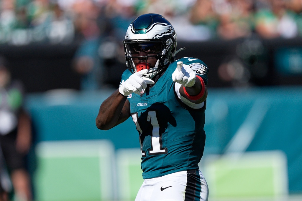 Philadelphia Eagles wide receiver A.J. Brown signals first down during the first half of an NFL football game against the Denver Broncos on Sunday, Oct. 5, 2025, in Philadelphia. (AP Photo/Chris Szagola)