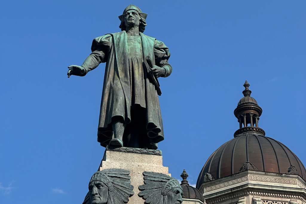 A statue of Christopher Columbus stands in downtown Syracuse, N.Y, Friday, Sept. 5, 2025. (AP Photo/Michael Hill)