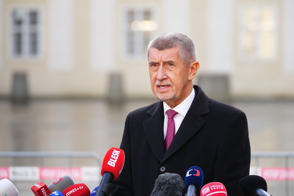 Leader of ANO political movement Andrej Babis addresses the media after being sworn in as the country's new prime minister at the Prague Castle in Prague, Czech Republic, Tuesday, Dec. 9, 2025. (AP Photo/Petr David Josek)