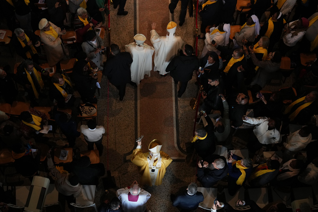 Pope Leo XIV arrives to celebrate a Mass in the Saint Augustine Basilica in Annaba, Algeria, Tuesday, April 14, 2026, on the second day of an 11-day apostolic journey to Africa. (AP Photo/Andrew Medichini)