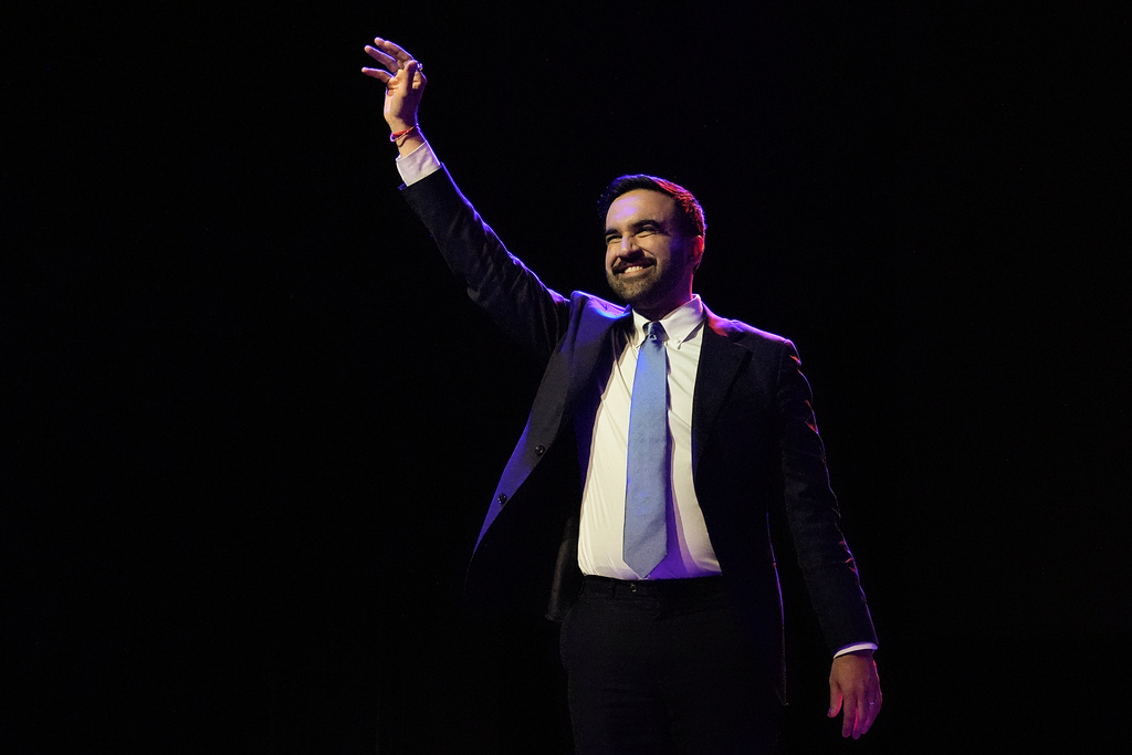 Zohran Mamdani reacts as he walks on stage to speak at a mayoral election night watch party, Tuesday, Nov. 4, 2025, in New York. (AP Photo/Yuki Iwamura)
