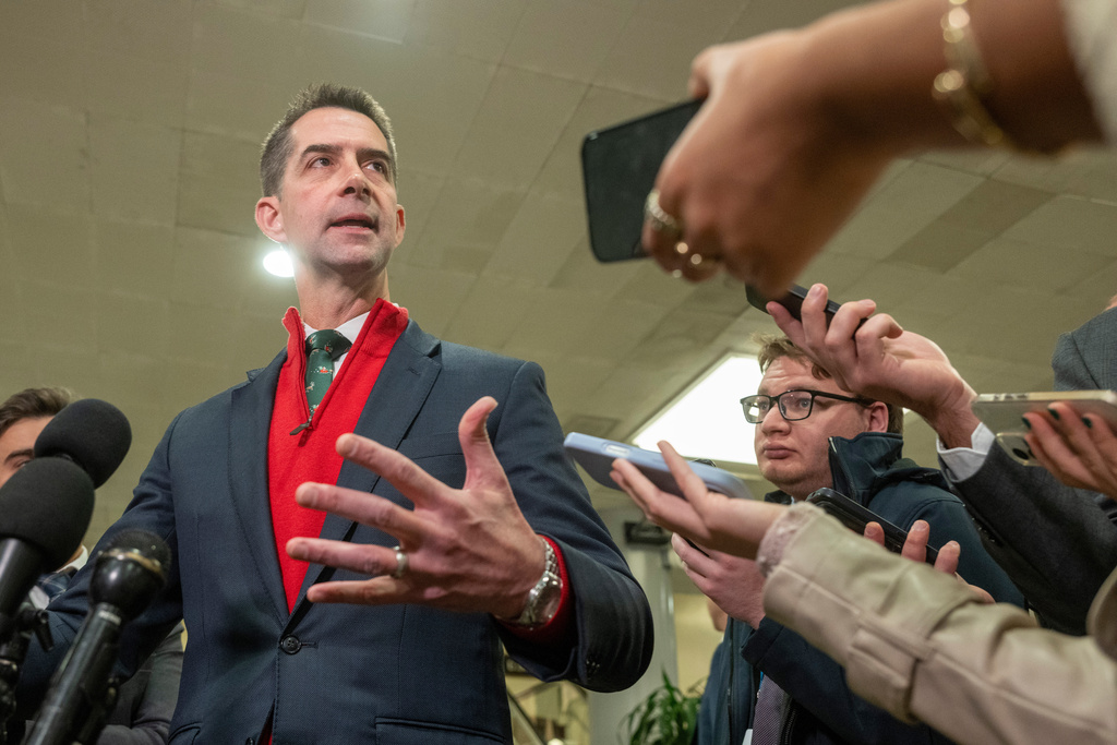 Sen. Tom Cotton, R-Ark., speaks to reporters following a classified briefing for top congressional lawmakers overseeing national security as they investigate how Defense Secretary Pete Hegseth handled a military strike on a suspected drug smuggling boat and its crew in the Caribbean near Venezuela Sept. 2, at the Capitol in Washington, Thursday, Dec. 4, 2025. (AP Photo/Kevin Wolf)