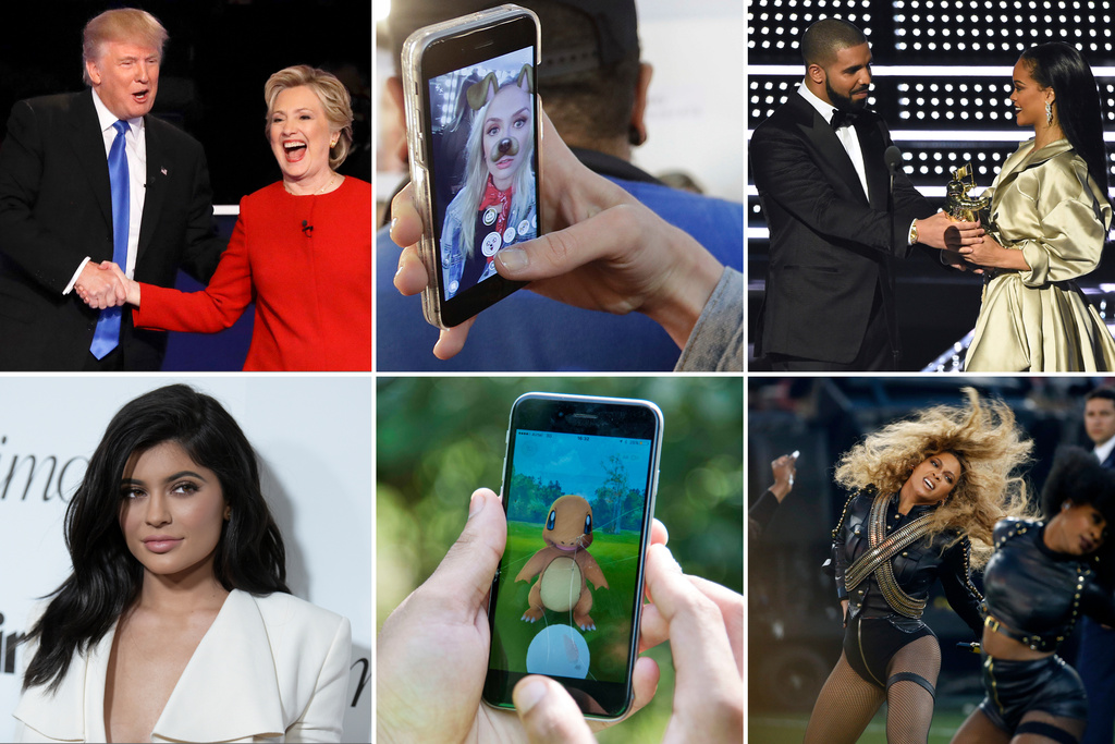 This combo made with photos taken in 2016, shows Hillary Clinton and Donald Trump shaking hands during a debate, a model using a Snapchat filter, Drake presenting an award to Rihanna, Kylie Jenner posing for photos, a person playing Pokemon Go!, and Beyonce performing during halftime of the NFL Super Bowl. (AP Photo)