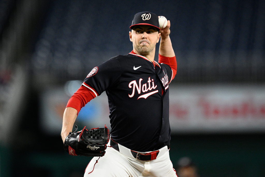 FILE - Washington Nationals starting pitcher MacKenzie Gore (1) throws during the second baseball game of a doubleheader against the Atlanta Braves, Sept. 16, 2025, in Washington. (AP Photo/Nick Wass, File)