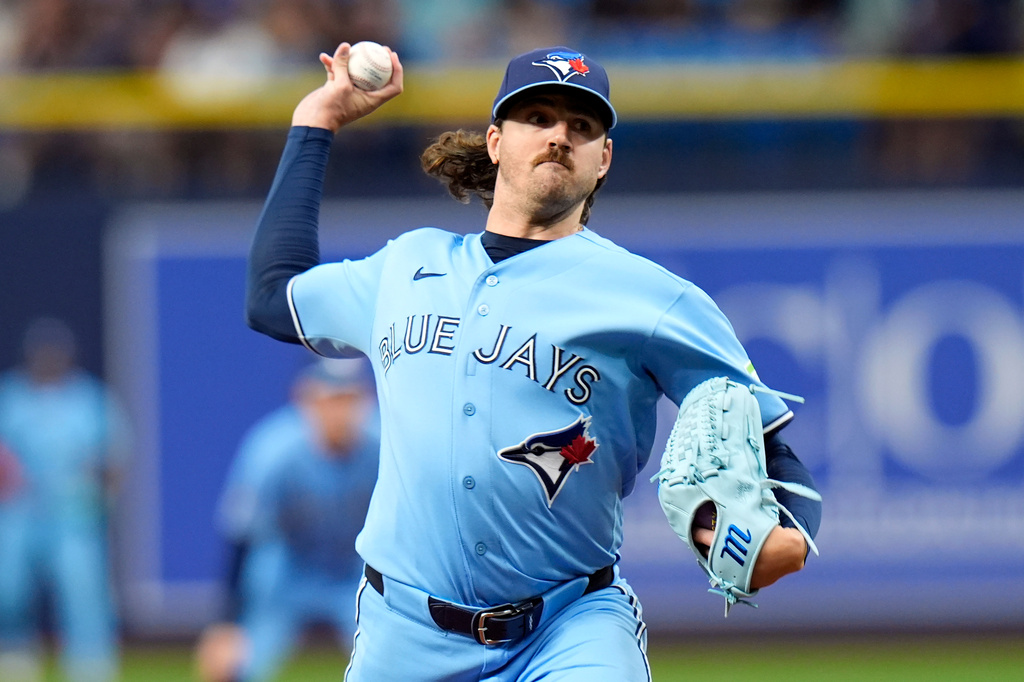 Toronto Blue Jays pitcher Kevin Gausman delivers to the Tampa Bay Rays during the first inning of a baseball game Tuesday, May 5, 2026, in St. Petersburg, Fla. (AP Photo/Chris O'Meara)