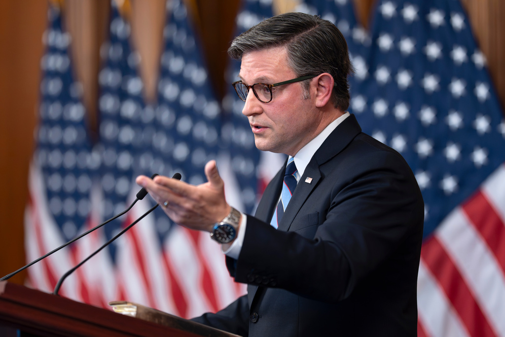 With his personal Bible on the lectern, Speaker of the House Mike Johnson, R-La., holds a news conference to mark the seventh day of the government shutdown, at the Capitol in Washington, Tuesday, Oct. 7, 2025. (AP Photo/J. Scott Applewhite)