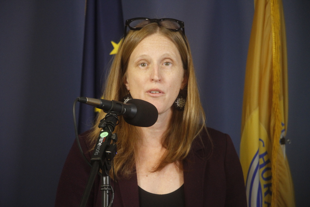 Anchorage Municipal Manager Becky Windt Pearson gives an update on the relocation of hundreds of victims of western Alaska communities that suffered severe damage earlier this month from the remains of Typhoon Halong to Anchorage, during a news conference Tuesday, Oct. 21, 2025, in Anchorage, Alaska. (AP Photo/Mark Thiessen)