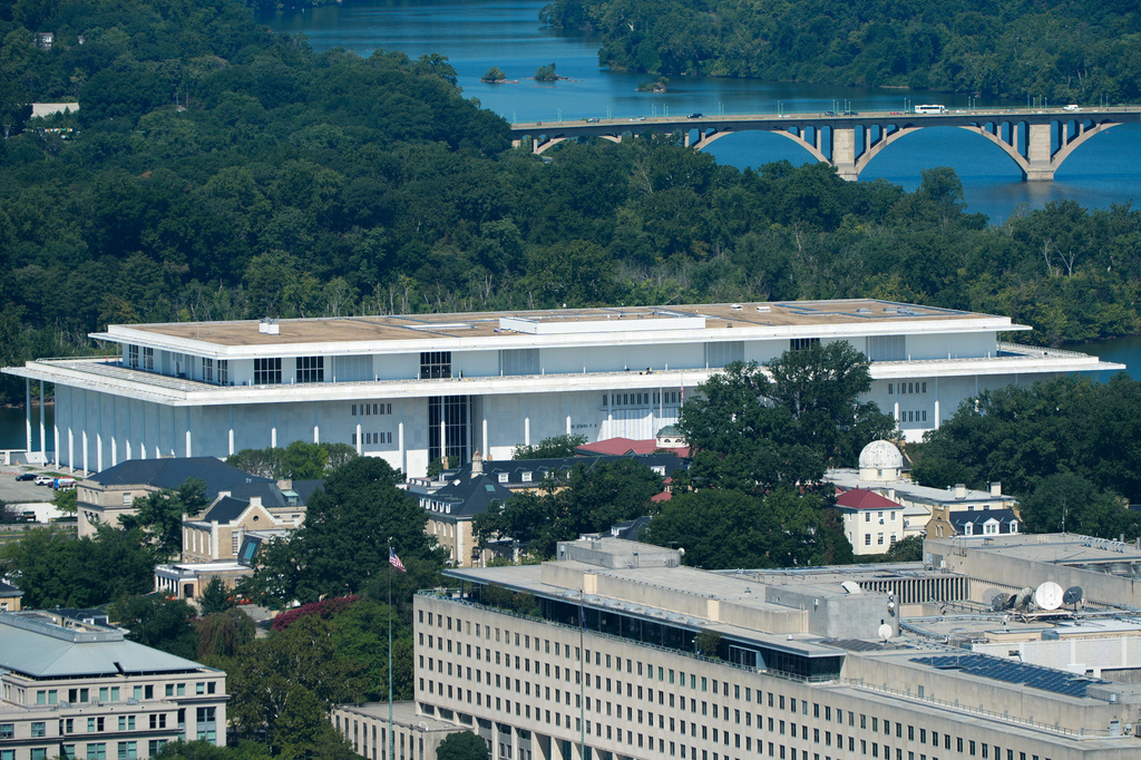 The Kennedy Center is seen from the Washington Monument, Wednesday, Aug. 19, 2026, in Washington. (AP Photo/Alex Brandon)