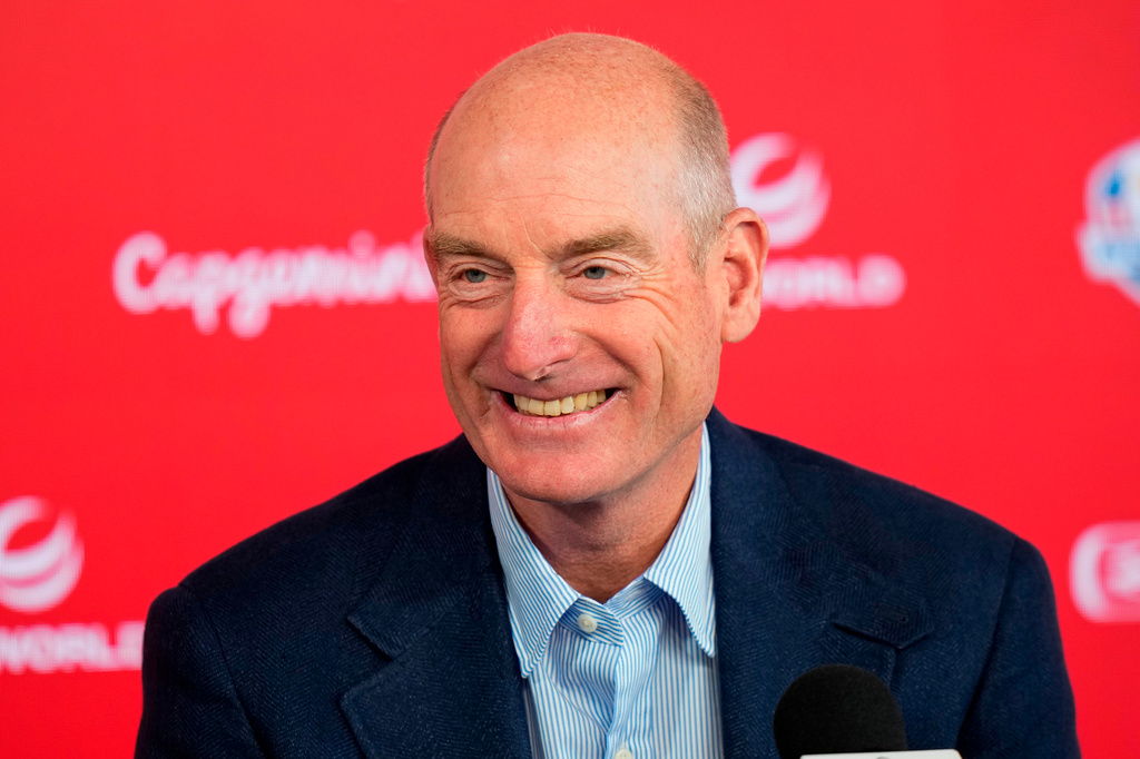 FILE - Jim Furyk speaks to the media at the PGA Championship golf tournament at Aronimink Golf Club, May 13, 2026, in Newtown Square, Pa. (AP Photo/Frank Franklin II, File)