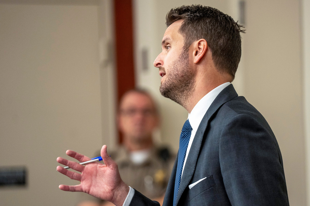 Attorney Eric Swinyard speaks during a hearing on a protective order sought by a former partner against Taylor Frankie Paul, in 3rd District Court in Salt Lake City, Tuesday, April 7, 2026. (Rick Egan/The Salt Lake Tribune via AP, Pool)