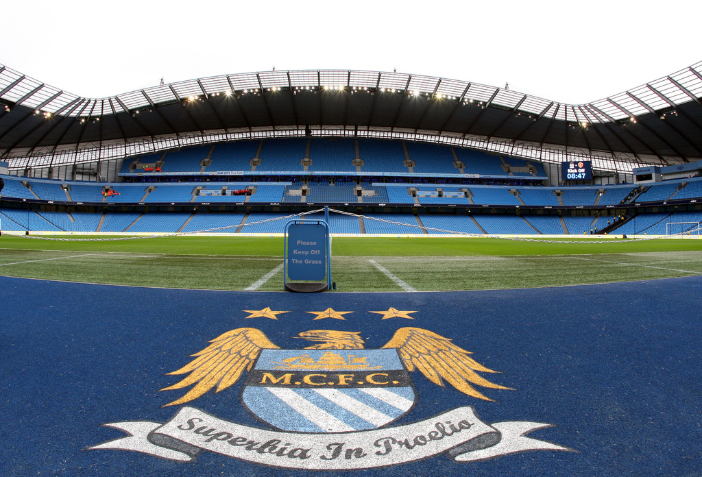FILE - A general view of the stadium ahead of the FA Cup third round soccer match between Manchester City and Manchester United at the Etihad stadium, Manchester, England, Sunday, Jan. 8, 2012. (AP Photo/Scott Heppell, File)