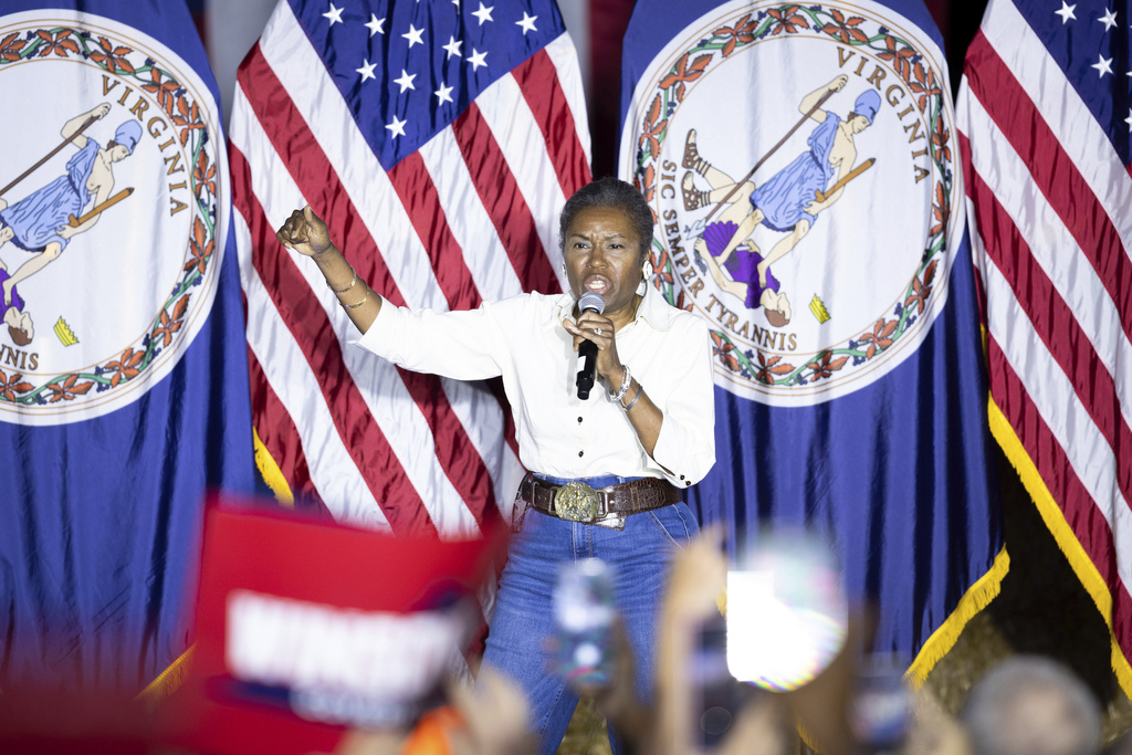 Virginia Republican gubernatorial candidate Winsome Earle-Sears speaks to the crowd during a campaign rally in Chesterfield, Va., Friday, Sept. 19, 2025. (Mike Kropf/Richmond Times-Dispatch via AP)