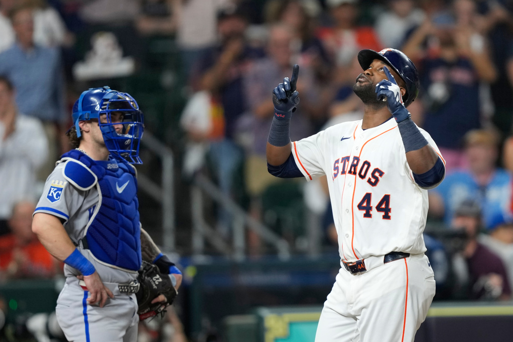 Houston Astros' Yordan Alvarez (44) celebrates after hitting a home run against the Kansas City Royals during the fifth inning of a baseball game Thursday, Sept. 17, 2026, in Houston. (AP Photo/David J. Phillip)