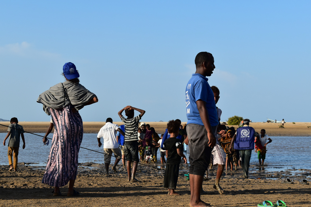 This photo released by the International Organization for Migration (IOM), shows displaced Yemenis arriving to Obock, Djibouti, after they crossed the Bab el-Mandeb Strait from Yemen, Saturday, Sept. 12, 2026. (Mohamed Ibrahim/IOM via AP)