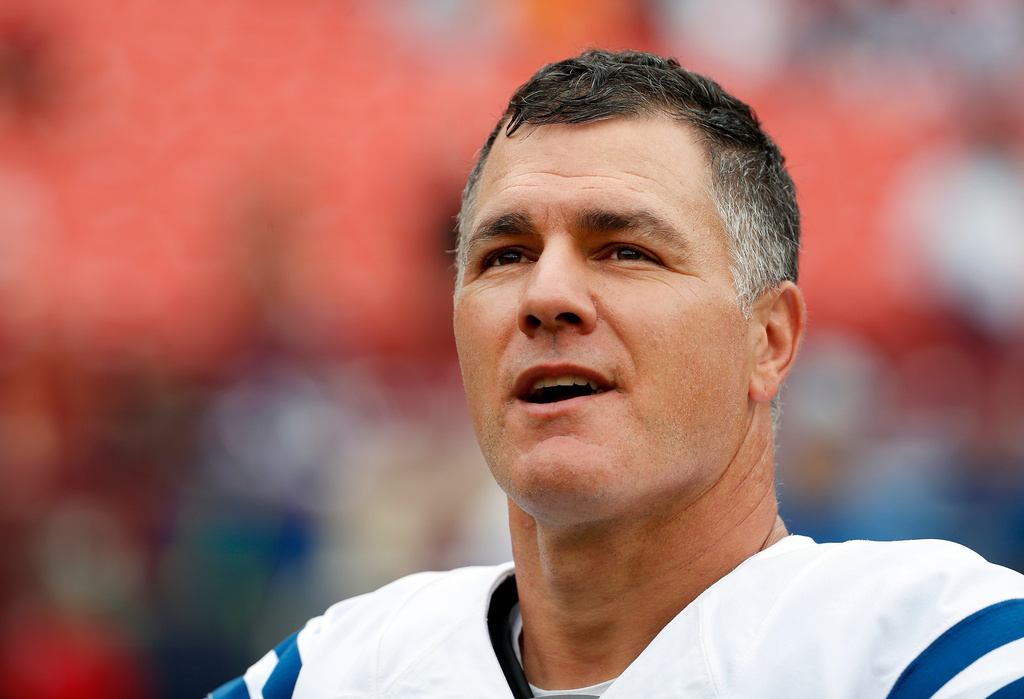 FILE - Indianapolis Colts kicker Adam Vinatieri warms up before an NFL football game against the Washington Redskins in Landover, Md., Sept. 16, 2018. (AP Photo/Alex Brandon, File)