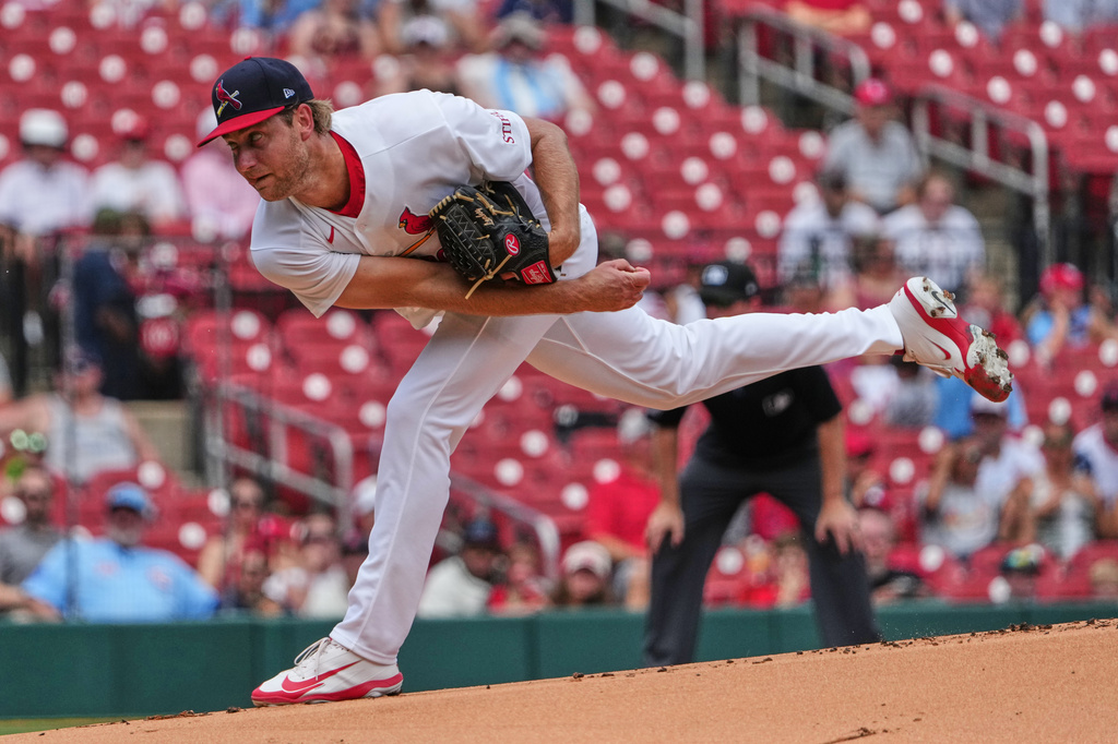 St. Louis Cardinals starting pitcher Kyle Leahy throws during the first inning of a baseball game against the Miami Marlins Sunday, June 28, 2026, in St. Louis. (AP Photo/Jeff Roberson)