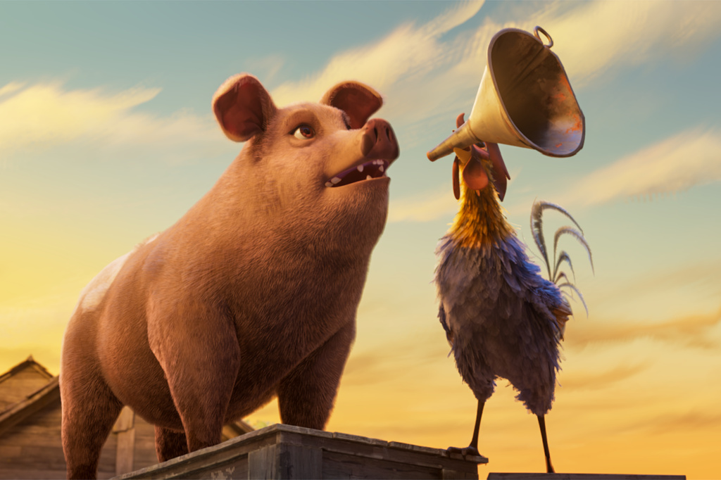This image released by Angel shows animated characters Snowball, voiced by Laverne Cox, left, and Rooster, voiced by Andy Serkis, in a scene from "Animal Farm." (Angel via AP)