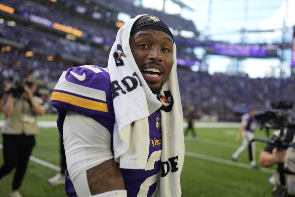 Minnesota Vikings' Isaiah Rodgers leaves the field following an NFL football game against the Cincinnati Bengals, Sunday, Sept. 21, 2025, in Minneapolis. (AP Photo/Mike Stewart)