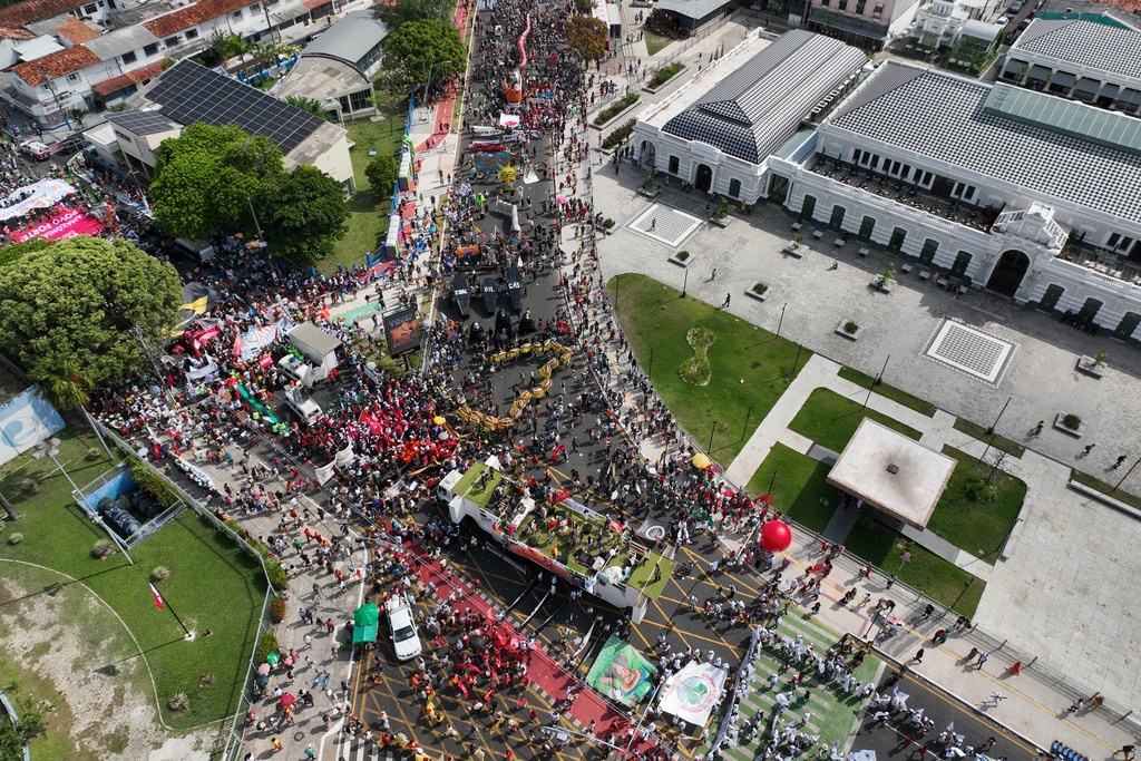 Activists participate in a climate protest during the COP30 U.N. Climate Summit, Saturday, Nov. 15, 2025, in Belem, Brazil. (AP Photo/Andre Penner)