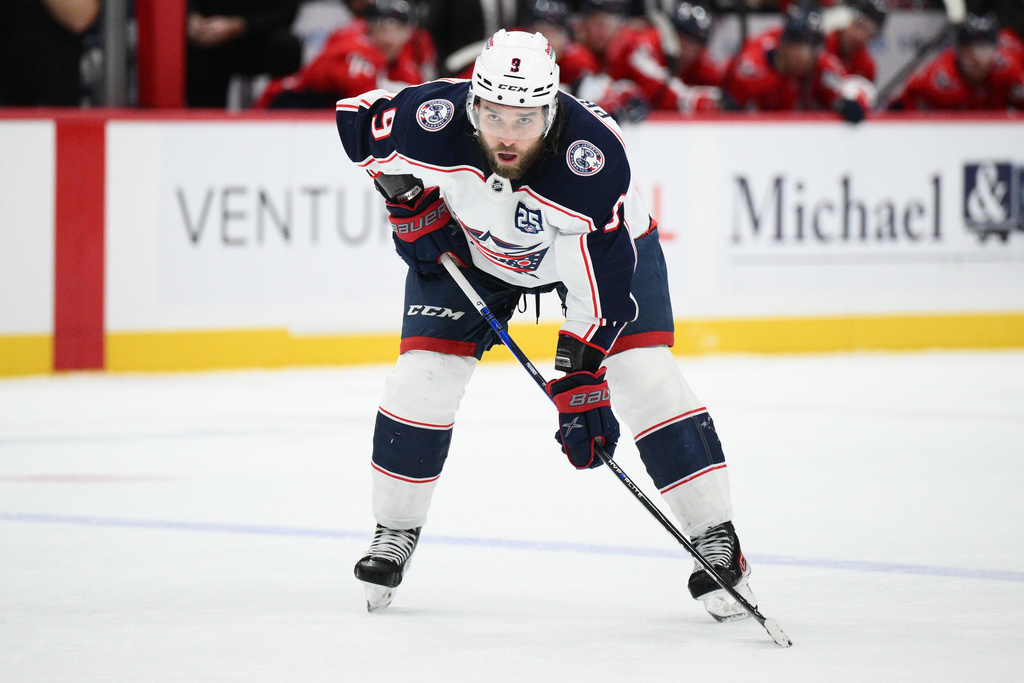 Columbus Blue Jackets defenseman Ivan Provorov (9) in action during the second period of an NHL hockey game against the Washington Capitals, Monday, Nov. 24, 2025, in Washington. (AP Photo/Nick Wass)