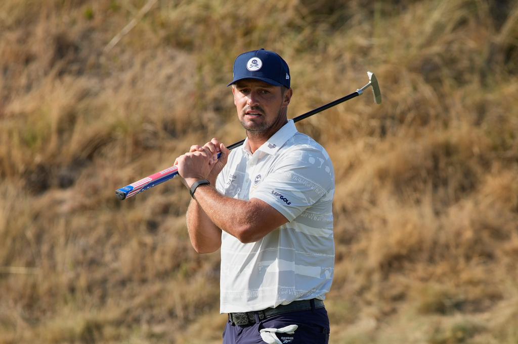 Bryson DeChambeau of the United States reacts after putting on the 11th green during the third day of the British Open Golf championships at Royal Birkdale golf club, in Southport, England, Saturday, July 18, 2026. (AP Photo/David Goldman)